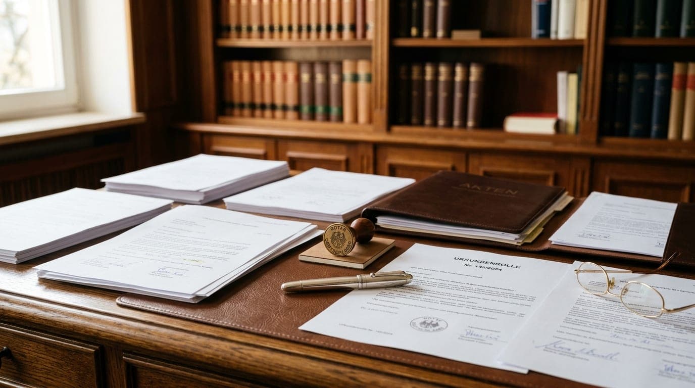 Eleganter Schreibtisch mit Rechtsdokumenten, Notarsiegel-Stempel, Füllfederhalter und Ledermappe in warmem Bibliotheks-Ambiente