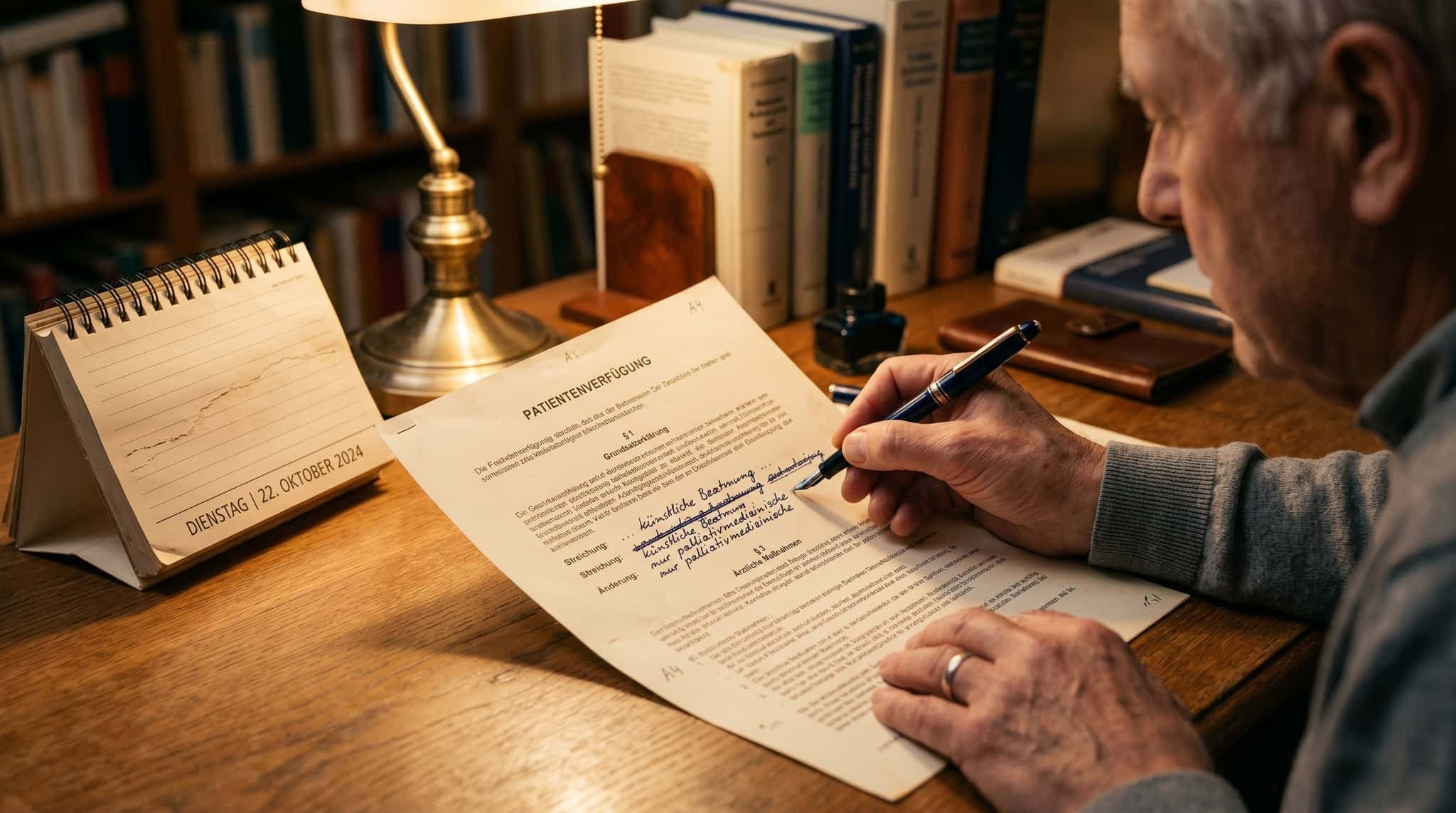 Fountain Pen überarbeitet Patientenverfügung auf einem Schreibtisch mit Kalender und warmer Lampe
