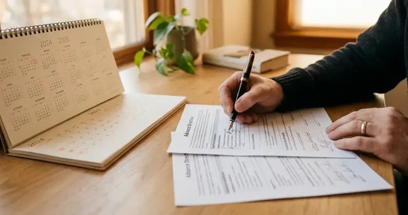 Person unterschreibt ein Dokument an einem Schreibtisch mit Stift