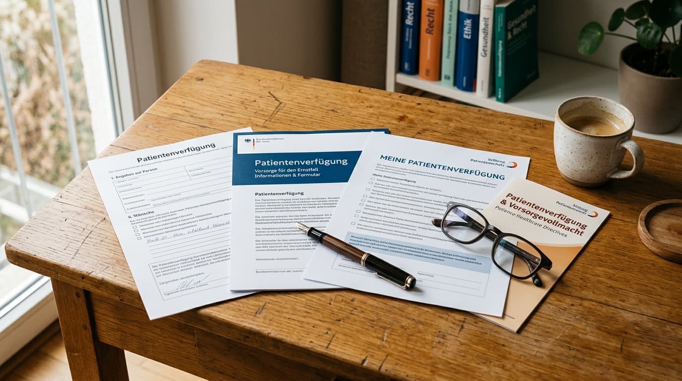 Mehrere Patientenverfügungs-Formulare verschiedener Anbieter auf einem Holztisch, Füllfederhalter und Lesebrille
