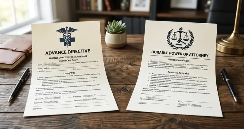Zwei Dokumente nebeneinander: Patientenverfügung und Vorsorgevollmacht