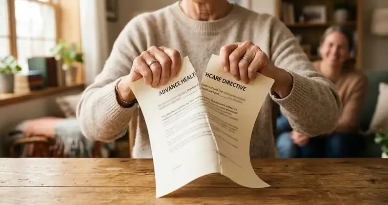 Person zerreißt ein Dokument als Symbol für den Widerruf einer Patientenverfügung