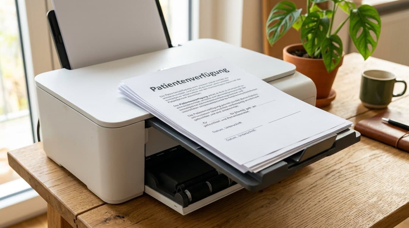 Drucker gibt fertig gedruckte Patientenverfügung aus, warmes Bürolicht, Holzschreibtisch im Hintergrund