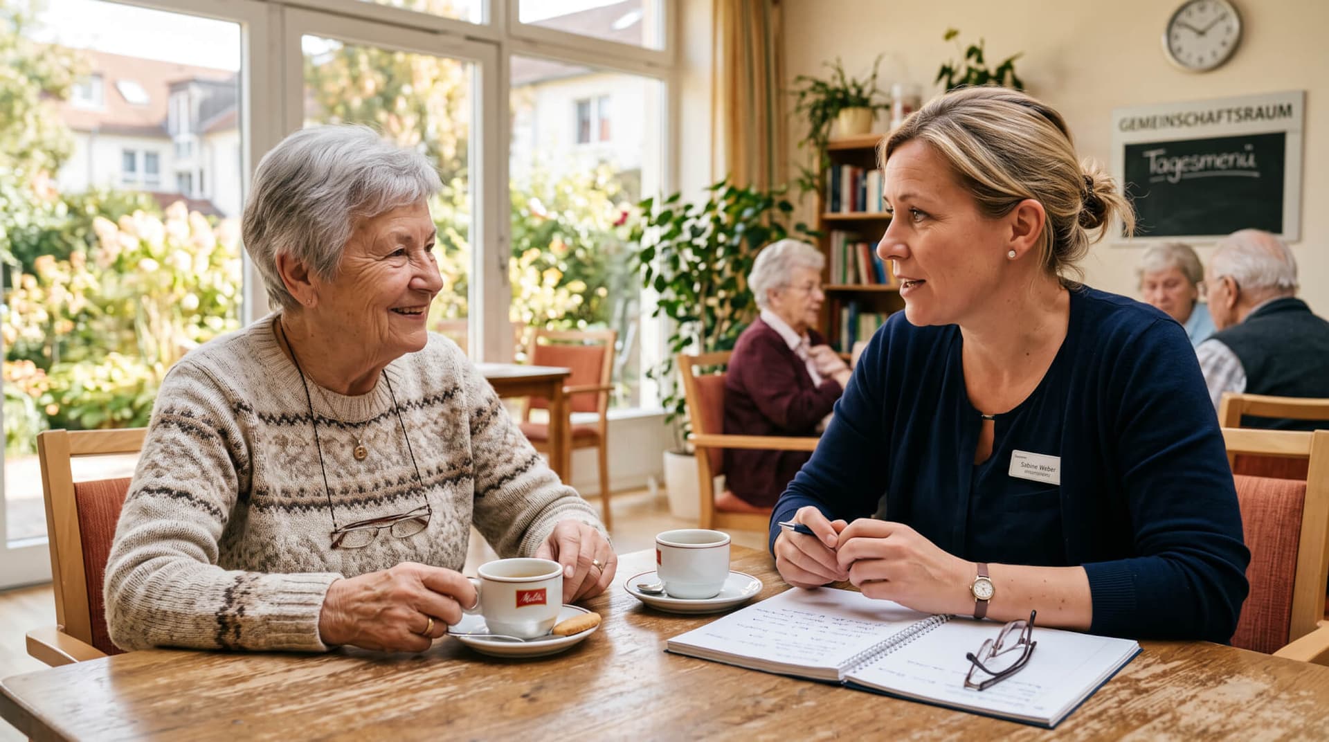 Gesprächssituation in einem Pflegeheim zwischen Bewohnerin und Gesprächsbegleiterin an einem Tisch mit Unterlagen