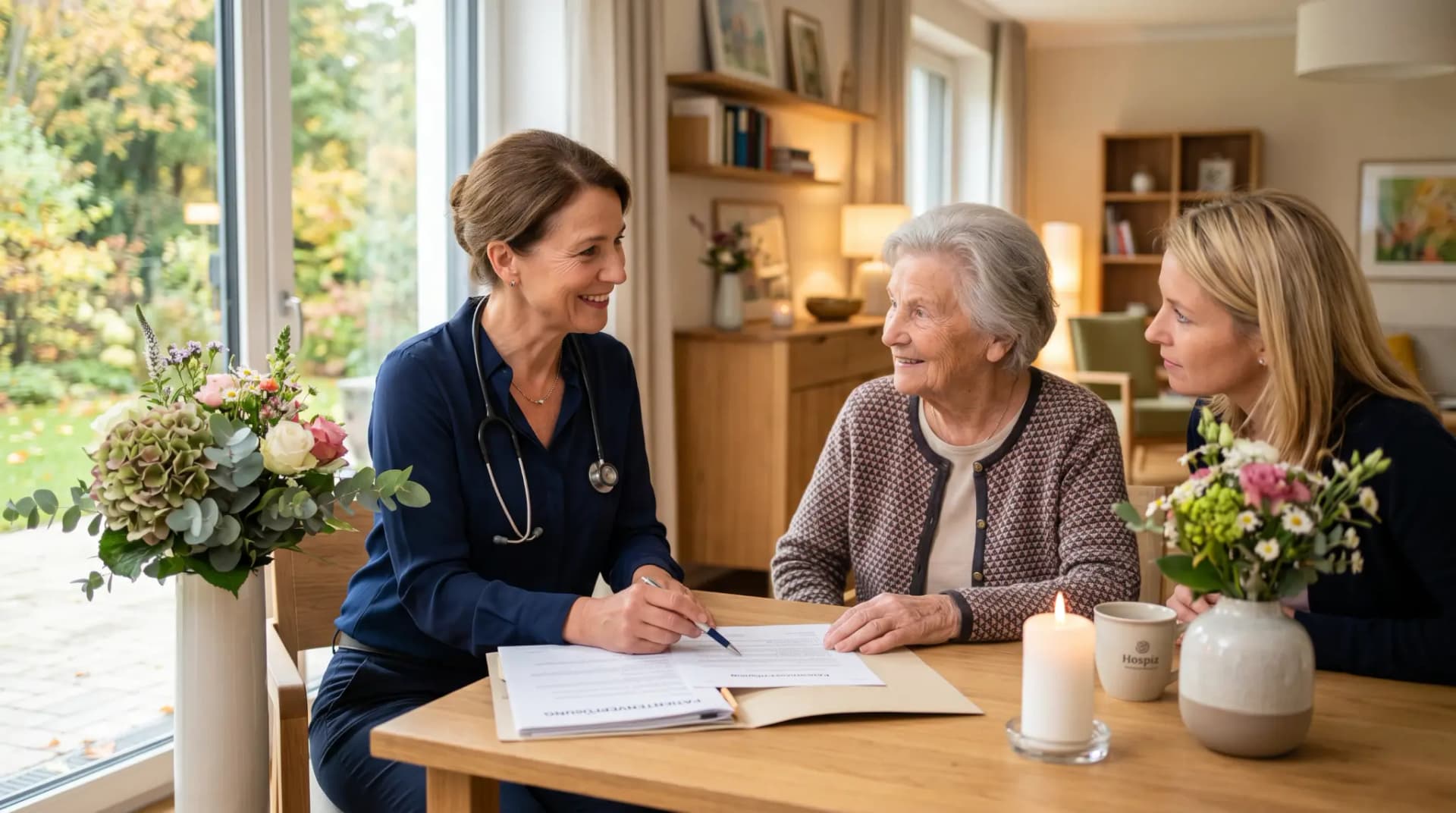 Hospiz und Patientenverfügung: würdevolle Palliativversorgung mit Blumen und Kerzen