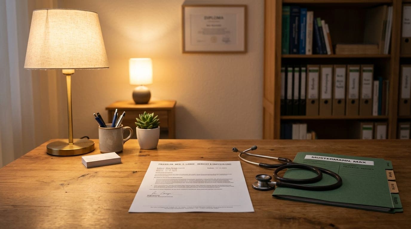 Patientenverfügung Arzt-Unterschrift: Arztpraxis-Schreibtisch mit Patientendokumenten und Stethoskop