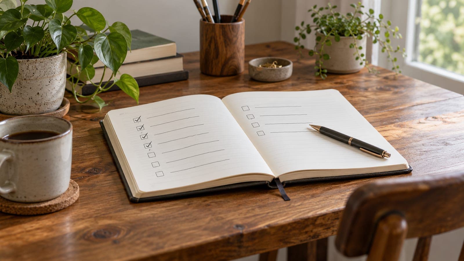 Notizbuch mit Stift und Checkliste auf einem Holzschreibtisch