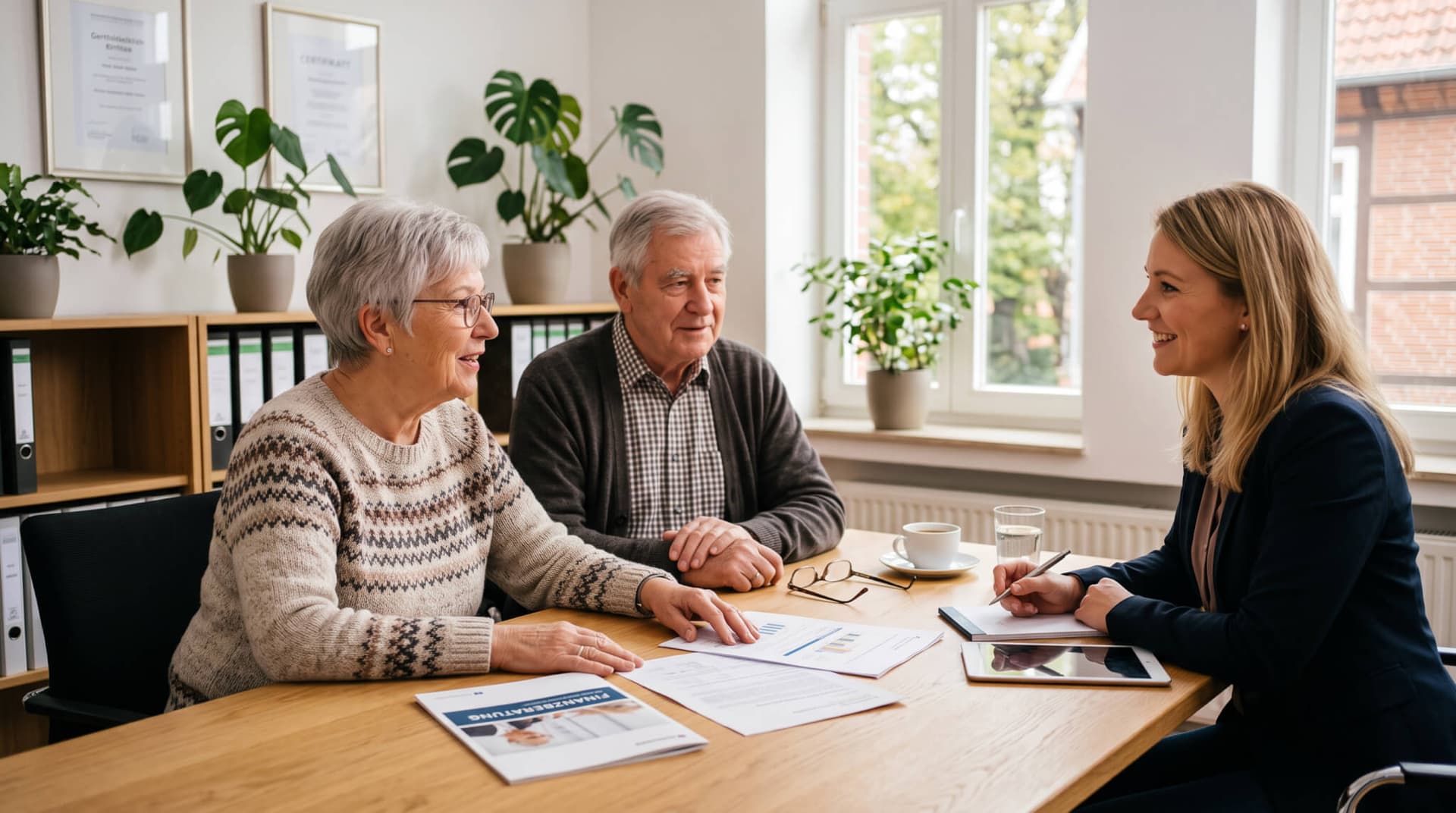 Beratungsgespräch zwischen älterem Ehepaar und Beraterin am Tisch mit Unterlagen zur Patientenverfügung