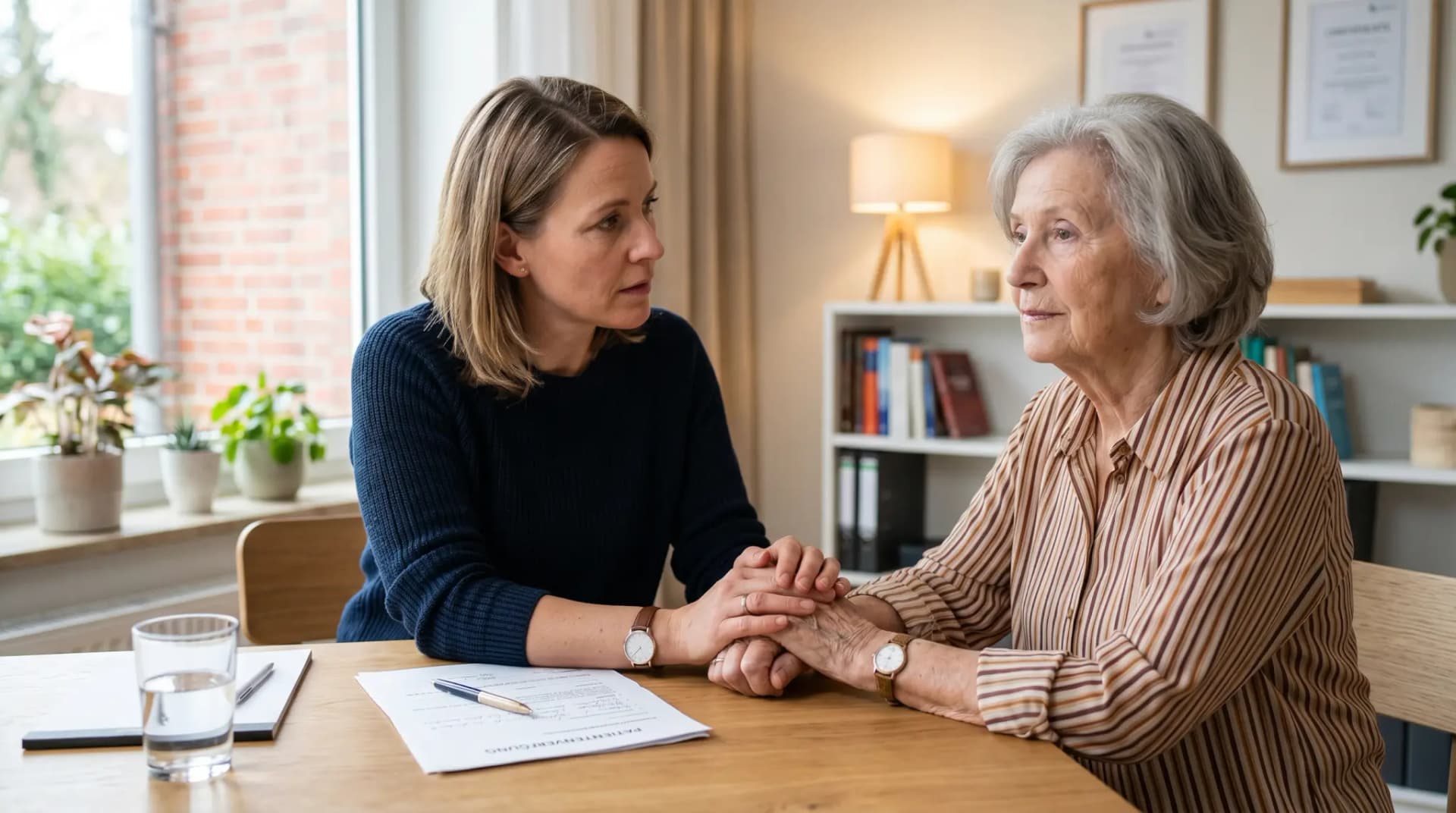 Patientenverfügung bei Demenz: Tochter hält Hand der dementen Mutter im ernsten Gespräch