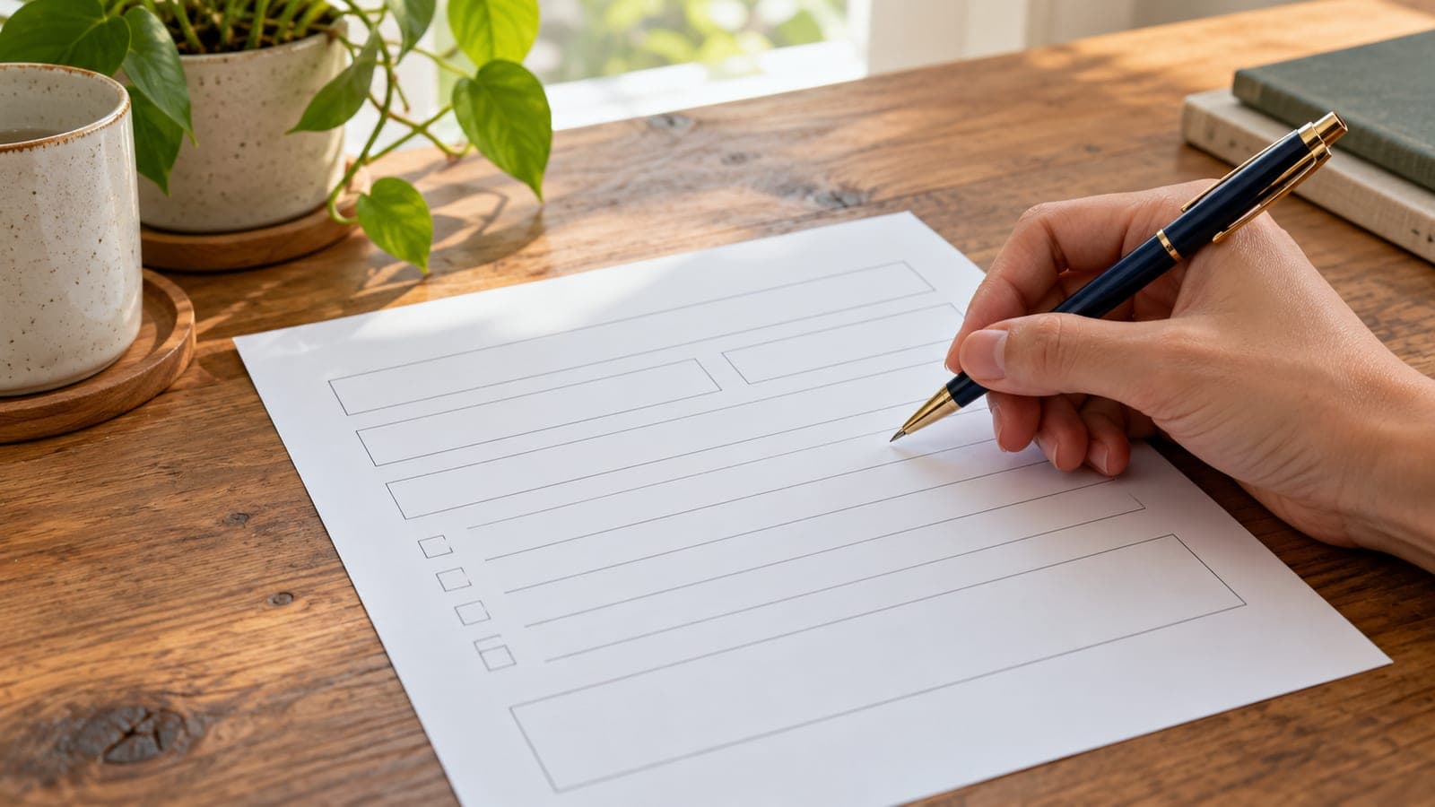Hand mit Stift über einem leeren Formular auf einem Holzschreibtisch