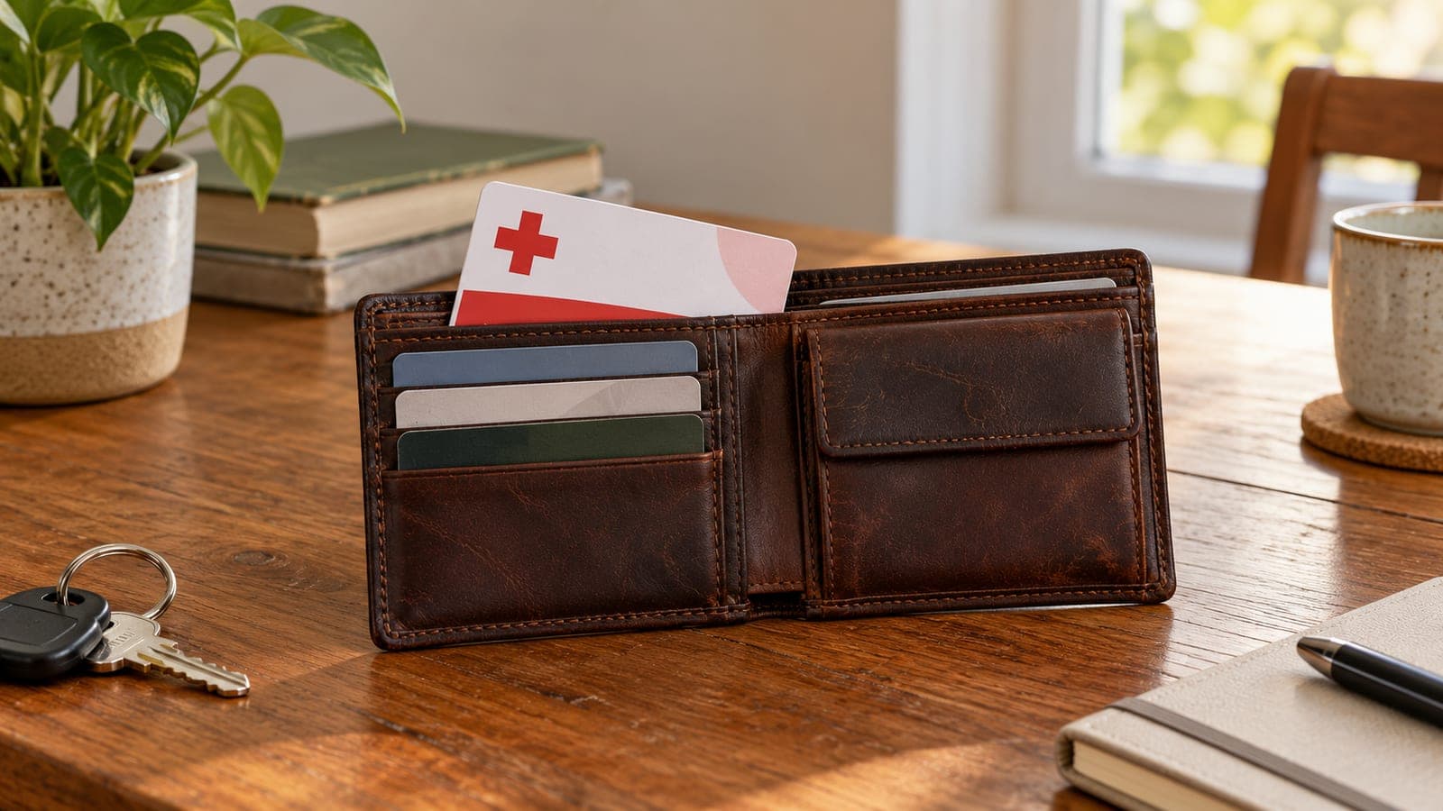 Notfallkarte ohne lesbaren Text in einer Brieftasche auf einem Holzschreibtisch