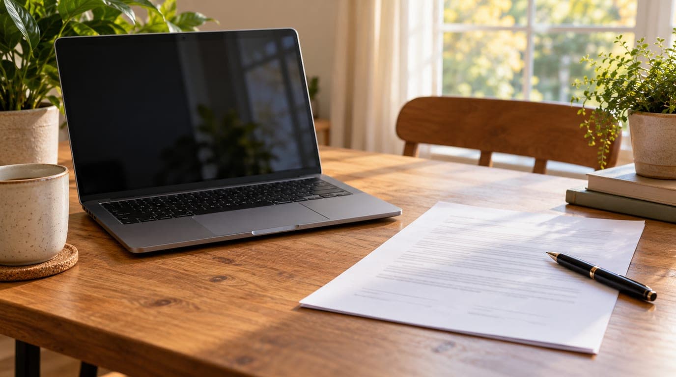 Laptop neben ausgedrucktem Dokument und Stift auf einem Holztisch