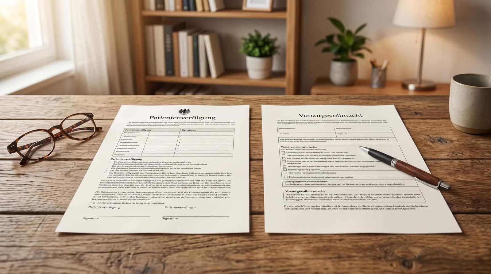 Zwei Dokumente nebeneinander: Patientenverfügung und Vorsorgevollmacht