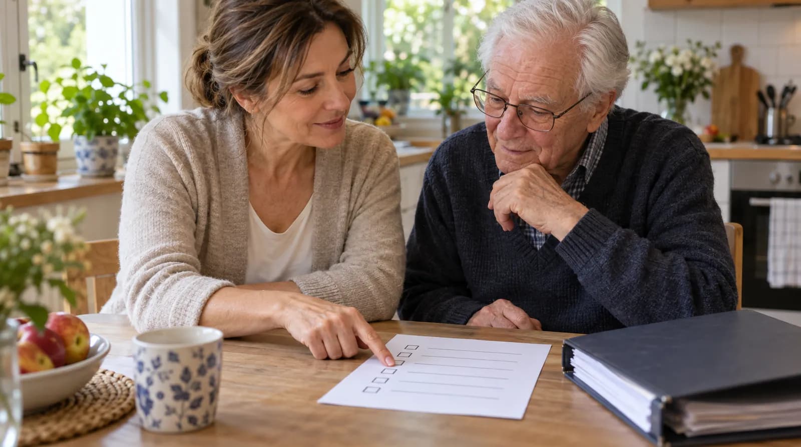 Checkliste mit Lebenslagen neben einer ausgefüllten Patientenverfügung