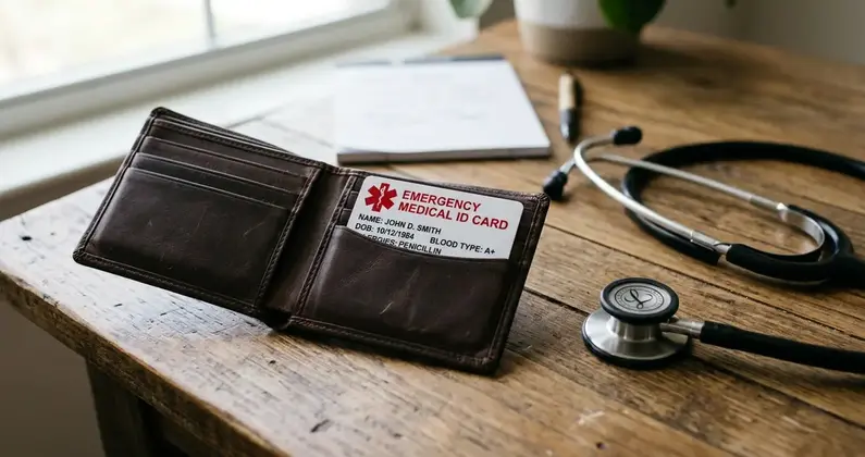 Portemonnaie mit Notfallausweis-Karte, symbolisch für schnell auffindbare Vorsorgedokumente