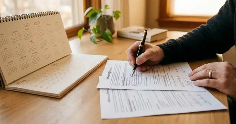 Person unterschreibt ein Dokument an einem Schreibtisch mit Stift