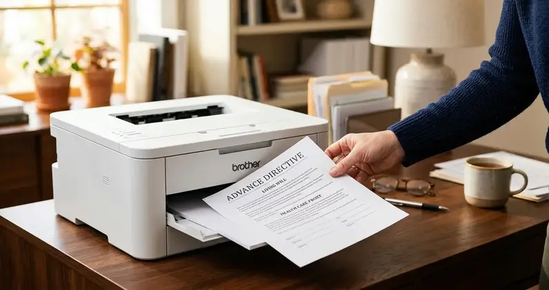 Drucker gibt ein Dokument aus, daneben liegt ein Kugelschreiber