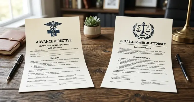 Zwei Dokumente nebeneinander: Patientenverfügung und Vorsorgevollmacht