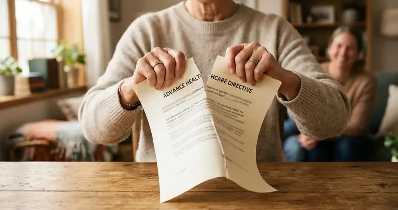 Person zerreißt ein Dokument als Symbol für den Widerruf einer Patientenverfügung